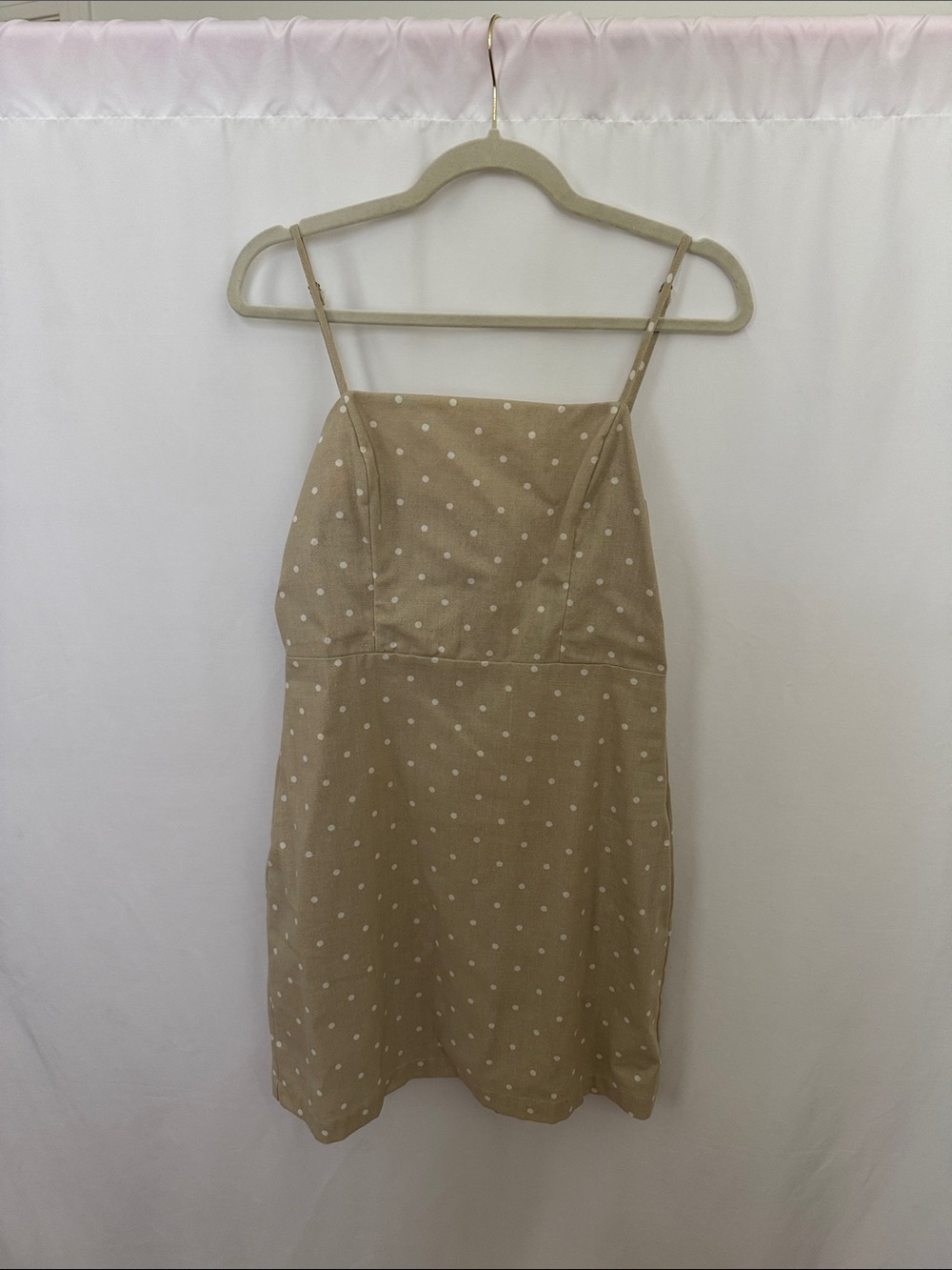 Beige Polka Dot Mini Dress with Spaghetti Straps